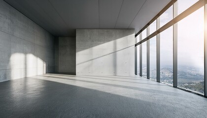Modern concrete interior with sunlight and empty wall mockup place. Exhibition, art and advertisement concept. 3D Rendering.