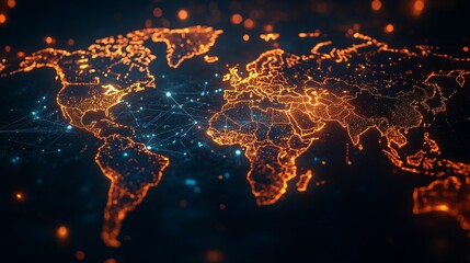 Illuminated World Map with Interconnected Lines and Dots
