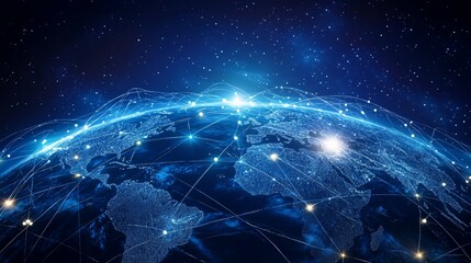 A Global Network of Interconnected White Lines and Dots on a Blue Earth Globe