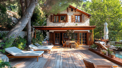 Obraz premium Charming coastal Mediterranean house surrounded by lush greenery, featuring spacious wooden deck with sun loungers and dining area, perfect for relaxation and gatherings