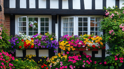 vibrant Tudor style house featuring beautiful flower boxes filled with colorful blooms, creating cheerful and inviting atmosphere. combination of flowers adds charm and character to exterior