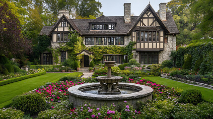 Tudor style house with sprawling garden featuring vibrant flowers and central fountain creates serene and picturesque atmosphere. lush greenery and well maintained landscape enhance charm of this