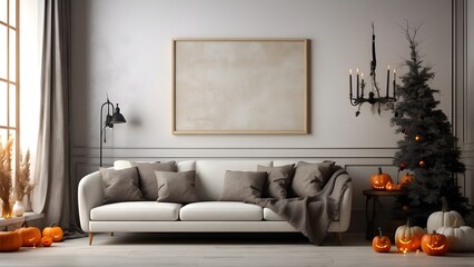 Modern minimalist wall art mockup of luxury cozy living room for Halloween, blank frame for wall art mockup of living room, Halloween and Christmas spooky scary vibes of the room interior design