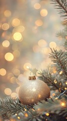 Fototapeta premium Shimmering Golden Ornament on Christmas Tree Branch