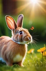 Rabbit on the lawn near a flower with a butterfly