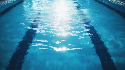 Obraz premium A swimming pool's lane markings with shimmering water, indoor setting with overhead lighting, Vivid style