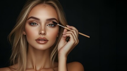 Obraz premium Woman applying mascara with natural wooden brush, beauty shot.