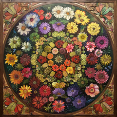 A floral mandala with blooming flowers of all seasons, each layer representing a different season. 