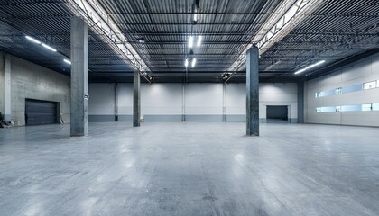 Modern spacious concrete warehouse garage interior. Space and design concept. 3D Rendering.