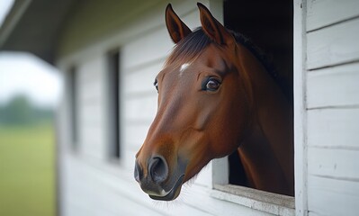 A brown horse peering through a stable window on a peaceful farm in the countryside - Powered by Adobe