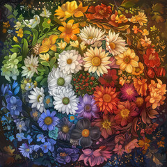 A floral mandala with blooming flowers of all seasons, each layer representing a different season. 