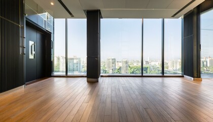Stylish business center hall with black elevator, wooden parquet floor and city view from glass wall. 3D rendering.