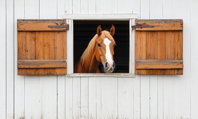 A horse peers out of a rustic barn window on a sunny day in the countryside