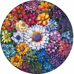 A floral mandala with blooming flowers of all seasons, each layer representing a different season. 