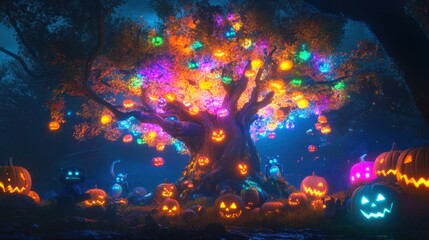 A glowing Halloween tree covered in colorful lights, surrounded by friendly monsters and neon pumpkins.