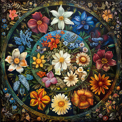 A floral mandala with blooming flowers of all seasons, each layer representing a different season. 