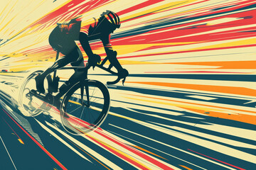 A cyclist is captured mid-ride, surrounded by vibrant streaks of color that convey a sense of speed and energy. The scene evokes motion and enthusiasm for racing
