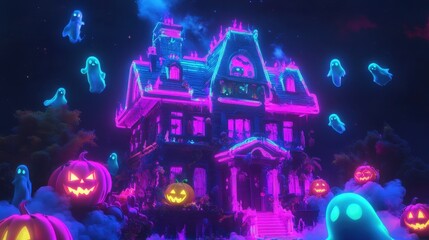 Obraz premium A glowing haunted house in neon colors, surrounded by colorful ghosts and vibrant jack