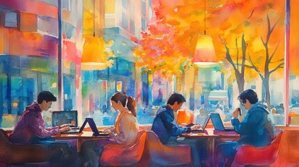 Cozy Cafe with People Working on Laptops