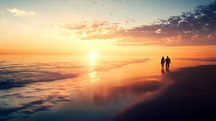 Fototapeta premium Tranquil walk on the beach with warm sunset hues, capturing peaceful togetherness