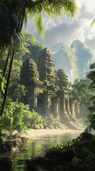 Fototapeta premium Lush Tropical Island with Pristine Beaches and Dense Jungle