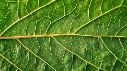 Obraz premium Intricate Leaf Texture Illuminated by Sunlight, showcasing delicate veins, vibrant greens, and the interplay of light and shadow among lush foliage.