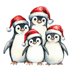 Naklejka premium A family of penguins wearing Santa hats, watercolor illustration, playful and cute, isolated on white background