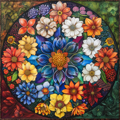 A floral mandala with blooming flowers of all seasons, each layer representing a different season. 