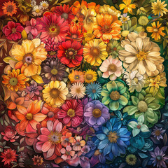 A floral mandala with blooming flowers of all seasons, each layer representing a different season. 