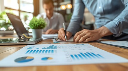 A businessman reviewing financial data with a pen and charts