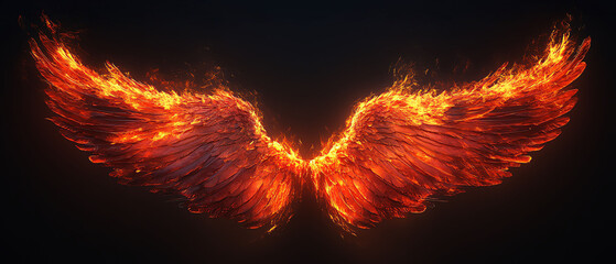 Fototapeta premium Stunning fiery wings illuminated against a dark background, symbolizing freedom, power, and transformation with vibrant flames.