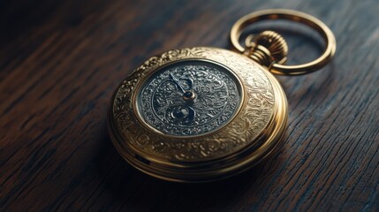 Fototapeta premium A golden pocket watch with silver engravings, lying open on a dark wooden surface.