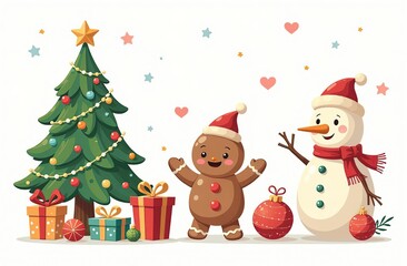Fototapeta premium Xmas items set. Christmas tree, Santa with gifts, elves. Festive wreath, candy canes, gingerbreads. New year decorations. Winter holiday decor. Flat isolated vector illustration on white background
