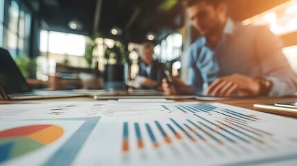Close-up of charts and graphs with blurred businessman working in the background