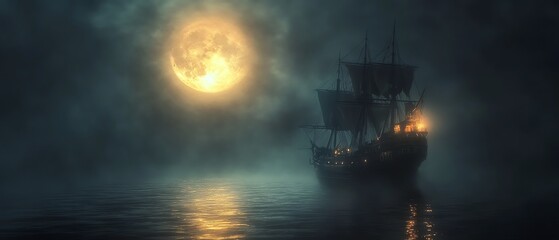 A mysterious ship sailing under a full moon, enveloped in fog, creating an eerie yet captivating atmosphere over the water.