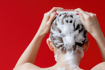 Person detangling hair with a wide-toothed comb, showing a gentle hair care routine after washing