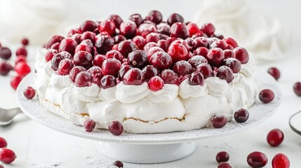 A festive dessert featuring a meringue base topped with whipped cream and fresh cranberries.