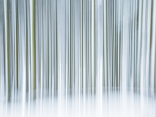 An abstract depiction of a winter forest in Sweden showcasing blurred trees and falling snowflakes under soft light