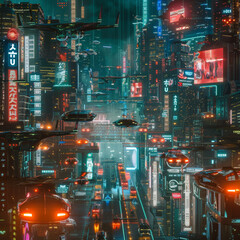 A futuristic cityscape at night, filled with flying cars, holographic advertisements, and neon lights. 
