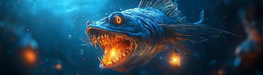 A vivid underwater scene featuring a fierce fish with glowing eyes, exuding an aura of mystery and intrigue in the deep sea.