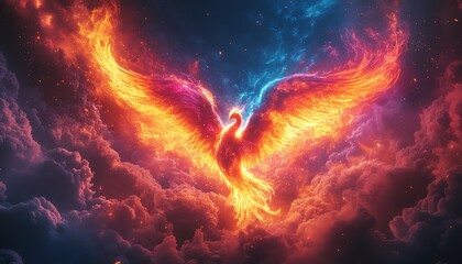 Fototapeta premium A vibrant phoenix rises amidst colorful clouds, symbolizing renewal, transformation, and the beauty of fire and light.