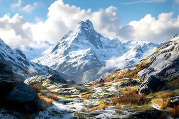 Obraz premium Snow-capped mountain peak with rocky terrain and autumn vegetation, under blue sky