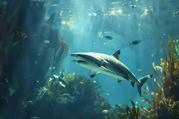 Naklejka premium A shark is swimming in a tank with other fish