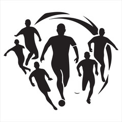 Running footballer with dribbling ball to shoot silhouette.