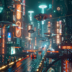 A futuristic cityscape at night, filled with flying cars, holographic advertisements, and neon lights. 