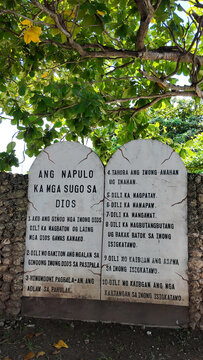 The Ten Commandments stone monument in Cebuano language, Bohol, Philippines