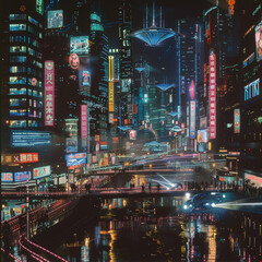 A futuristic cityscape at night, filled with flying cars, holographic advertisements, and neon lights. 