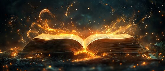 A mystical book opens, radiating vibrant light and sparkles, igniting imagination and wonder in an enchanted setting.