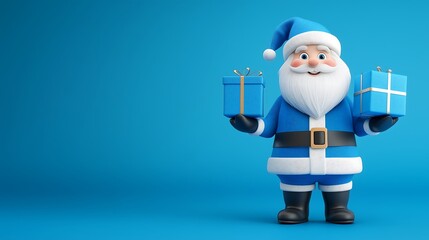 cute cartoon blue Santa Claus with surprised expression holding Christmas gifts