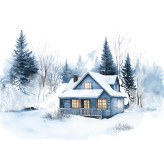 A snow-covered cabin in a winter forest, watercolor painting, soft blues and whites, cozy glow, isolated on white background